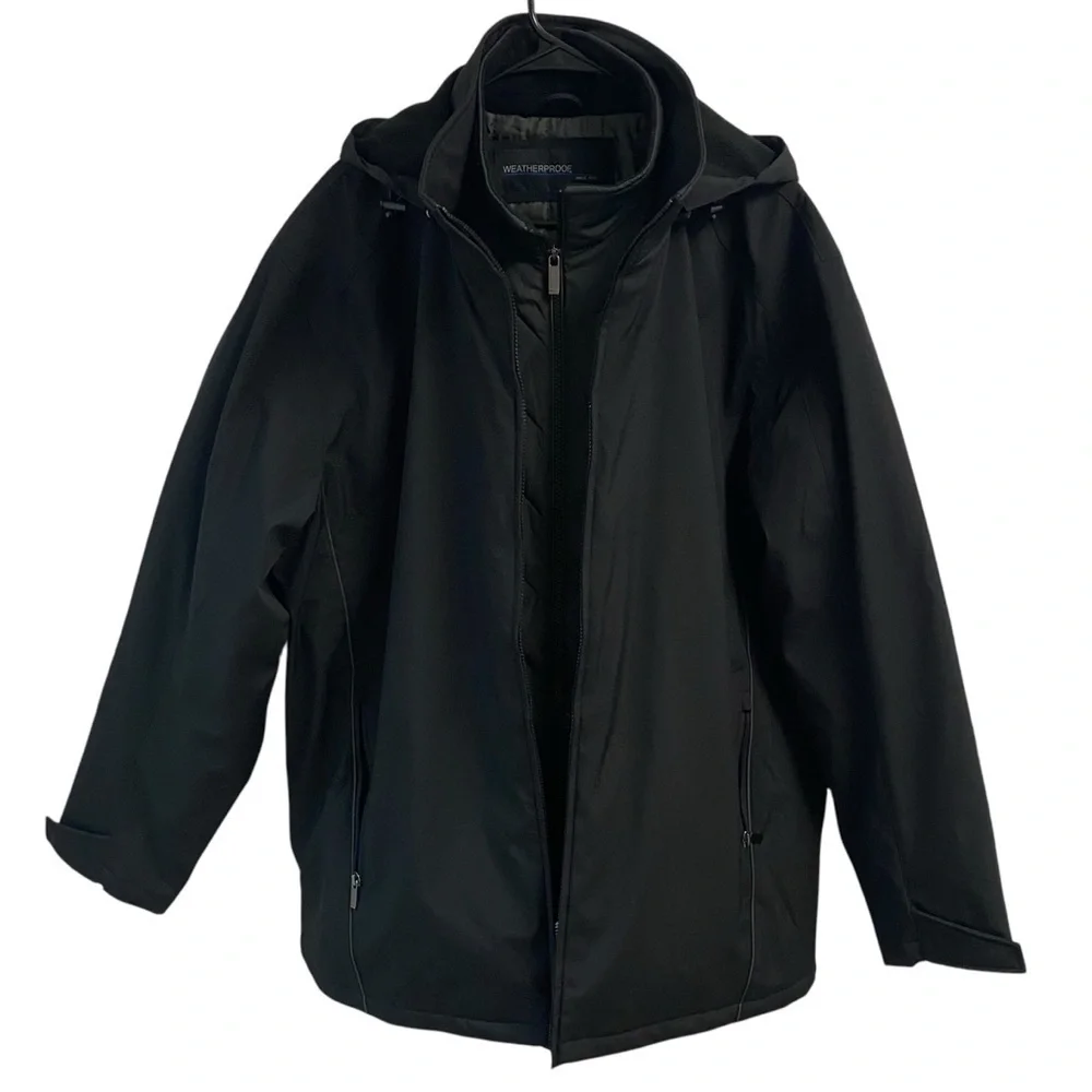Weatherproof Mens Outerwear Black Quilted‎ Lining Removable Hood Pockets XXL